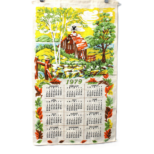 Vintage Calendar Tea Towel, 1979, Colorful Country Barn Scene, Vintage Linens, Fall Kitchen Decor, Collectible Towel