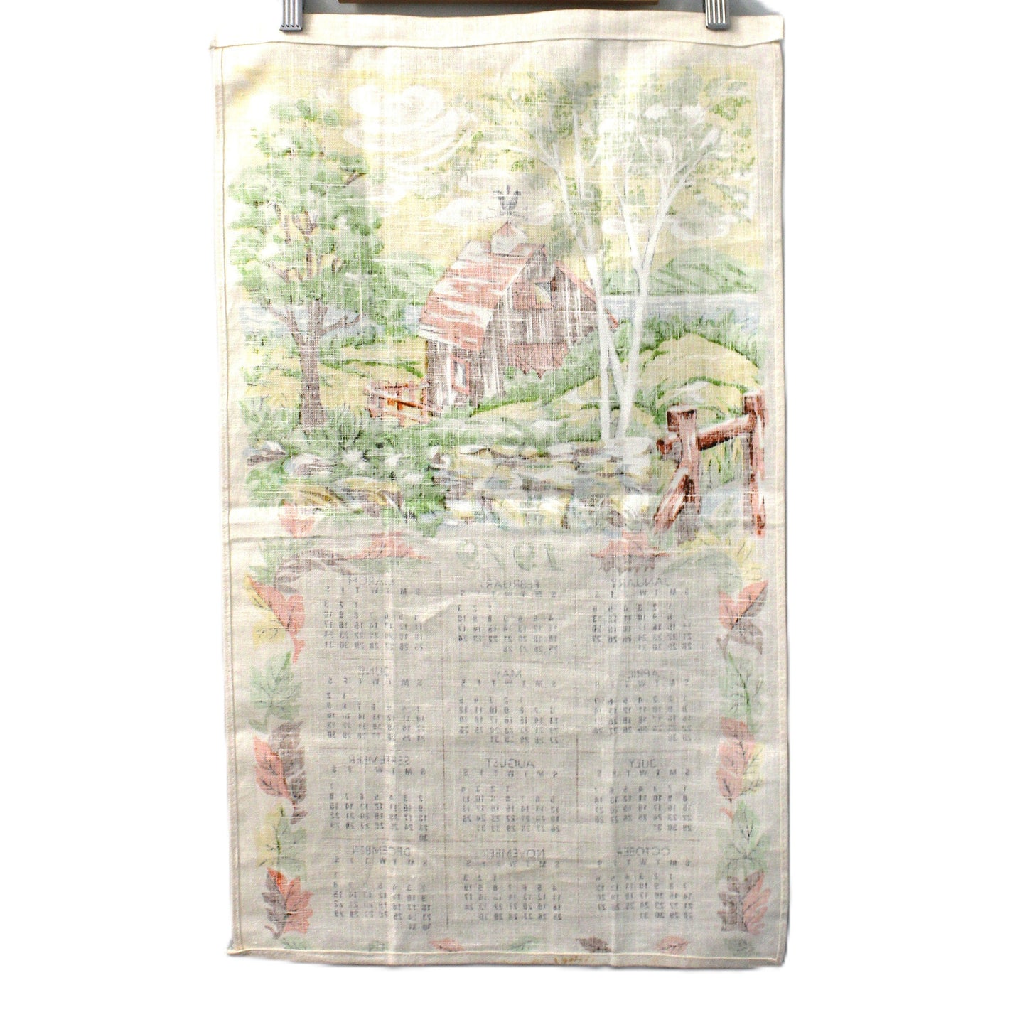 Calendar, Tea Towel, 1979, Fall Country Barn, Linen, Vintage
