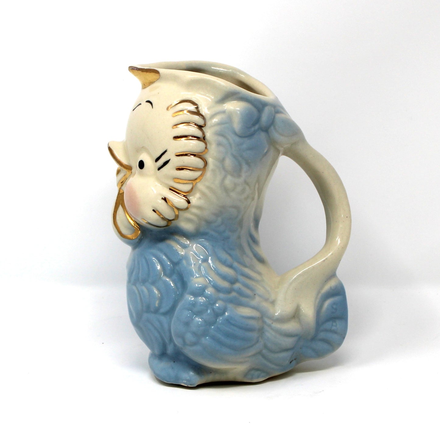 Milk Pitcher, Shawnee Pottery, Blue Bird / Owl Chick Pitcher, USA, Vintage