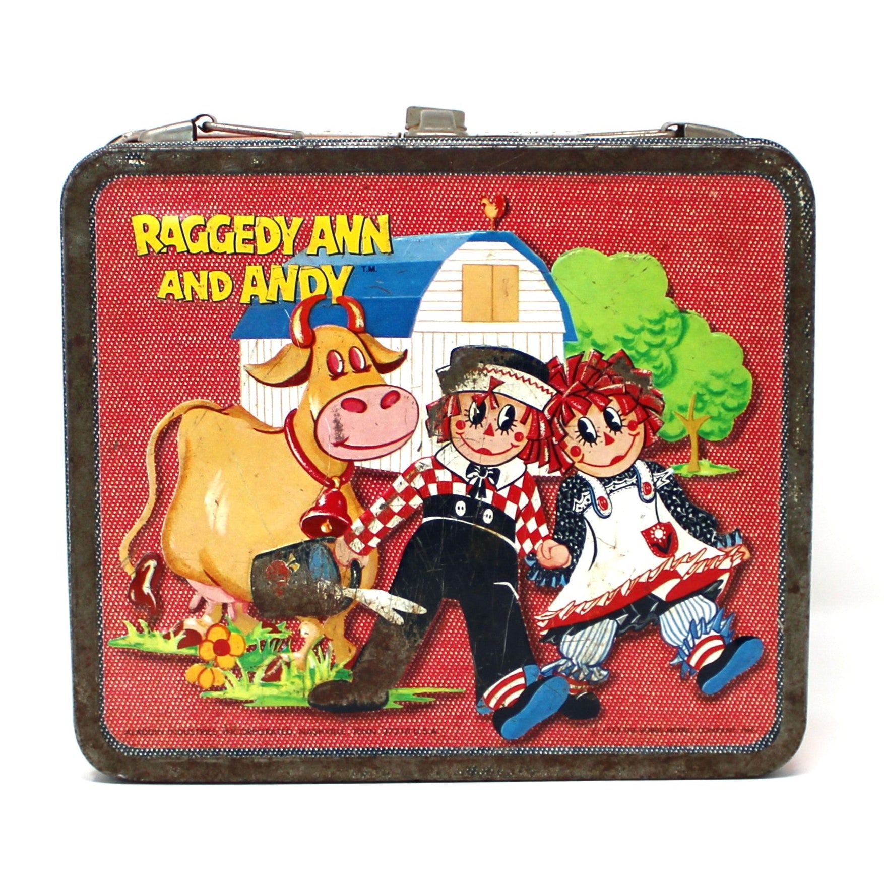 Vintage children's lunchbox with cartoon characters Raggedy Ann and Andy, metal made by Aladdin.