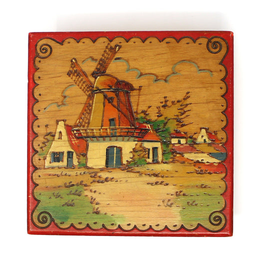 Box, Decorative Box, Hand Painted Dutch Windmill, Wood Pyrography Box, Storage Box, Vintage Holland