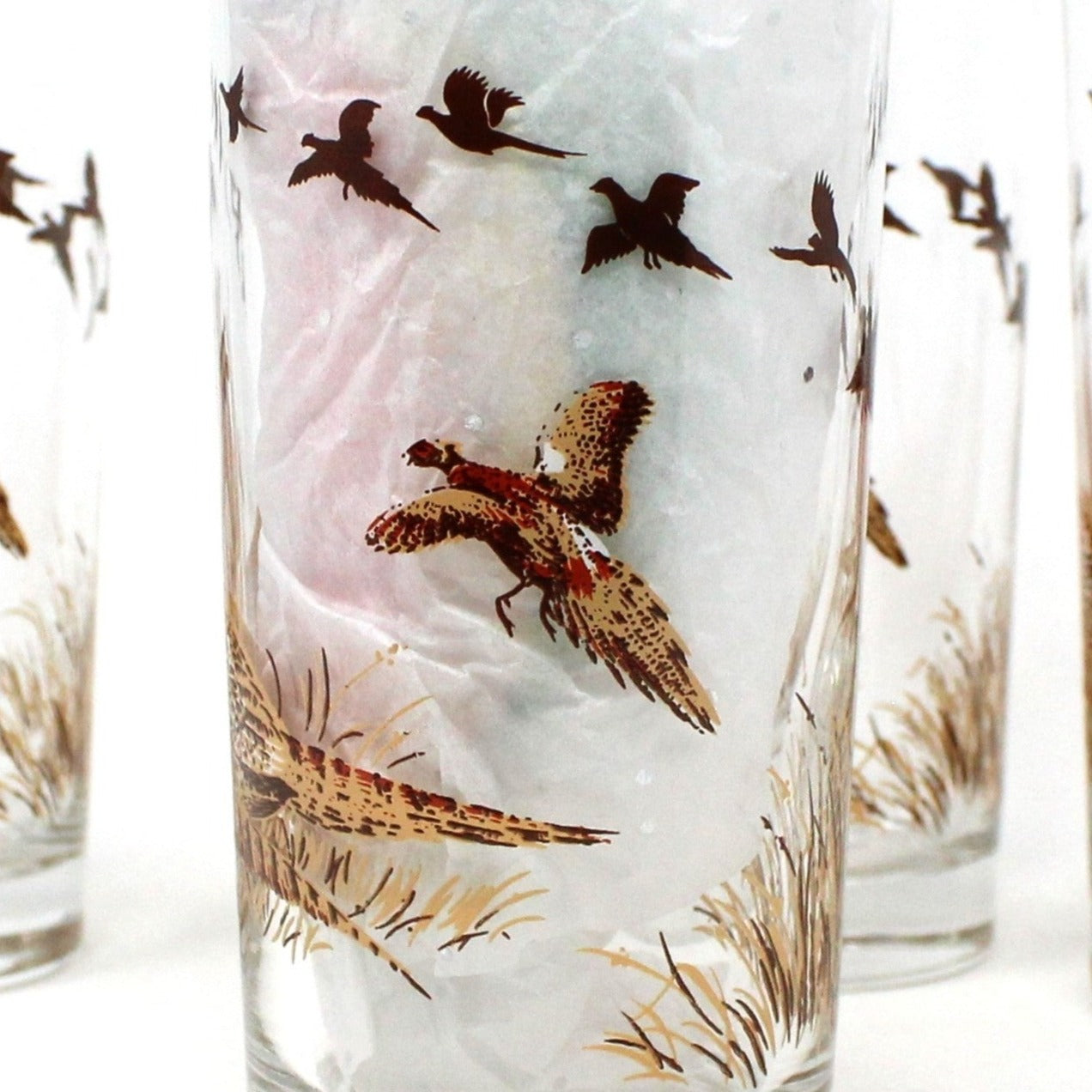 Glasses, Cocktail / Highball, Libbey, Pheasant Pattern, Set of 4, Vintage