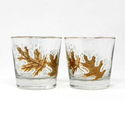 Glasses, Whiskey / Rocks, Libbey, Oak Leaves 22K Gold, Set of 2, Vintage, SOLD