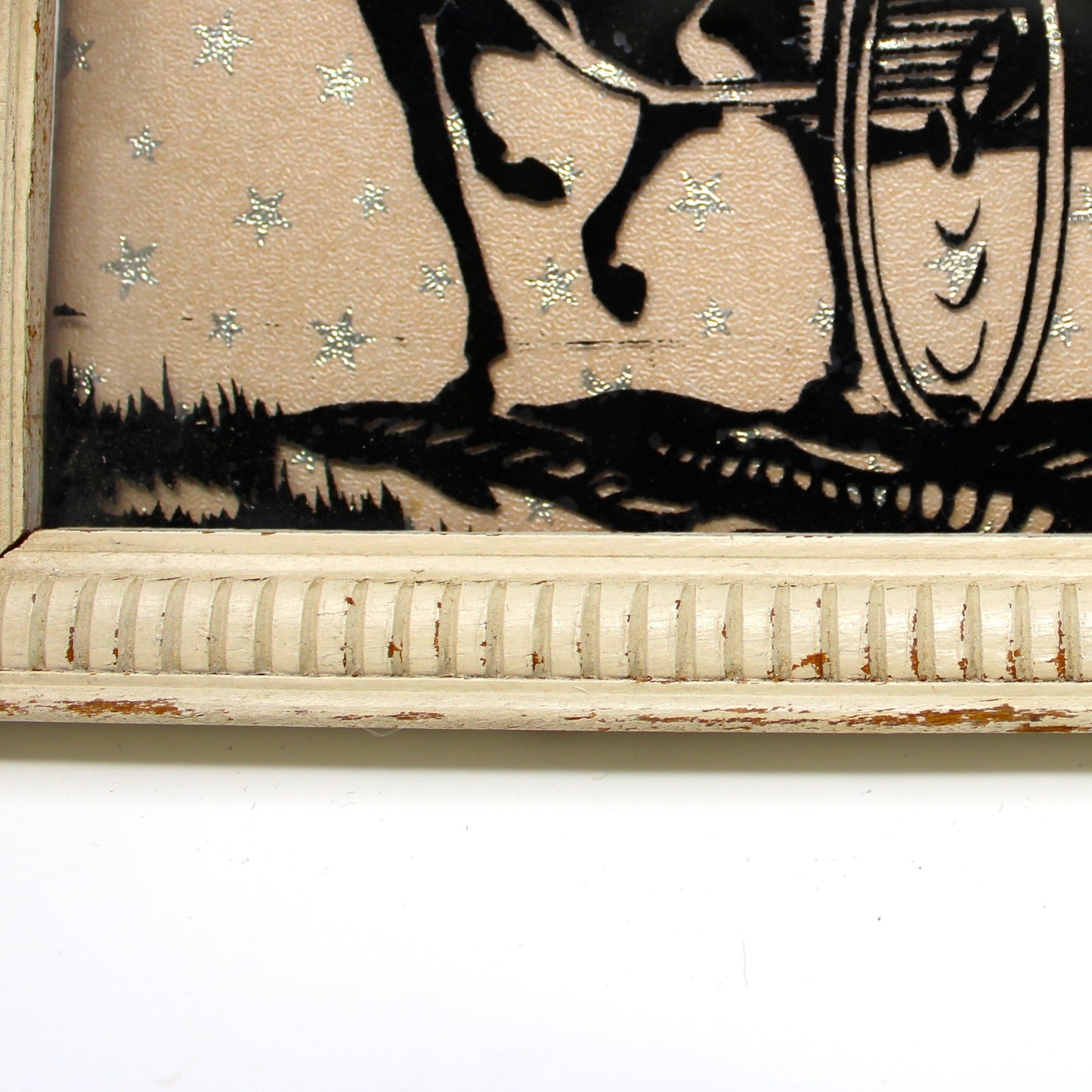 Silhouette, Reverse Painted with Foil, Victorian Couple on Horse & Buggy, Foil Stars, Framed, Vintage