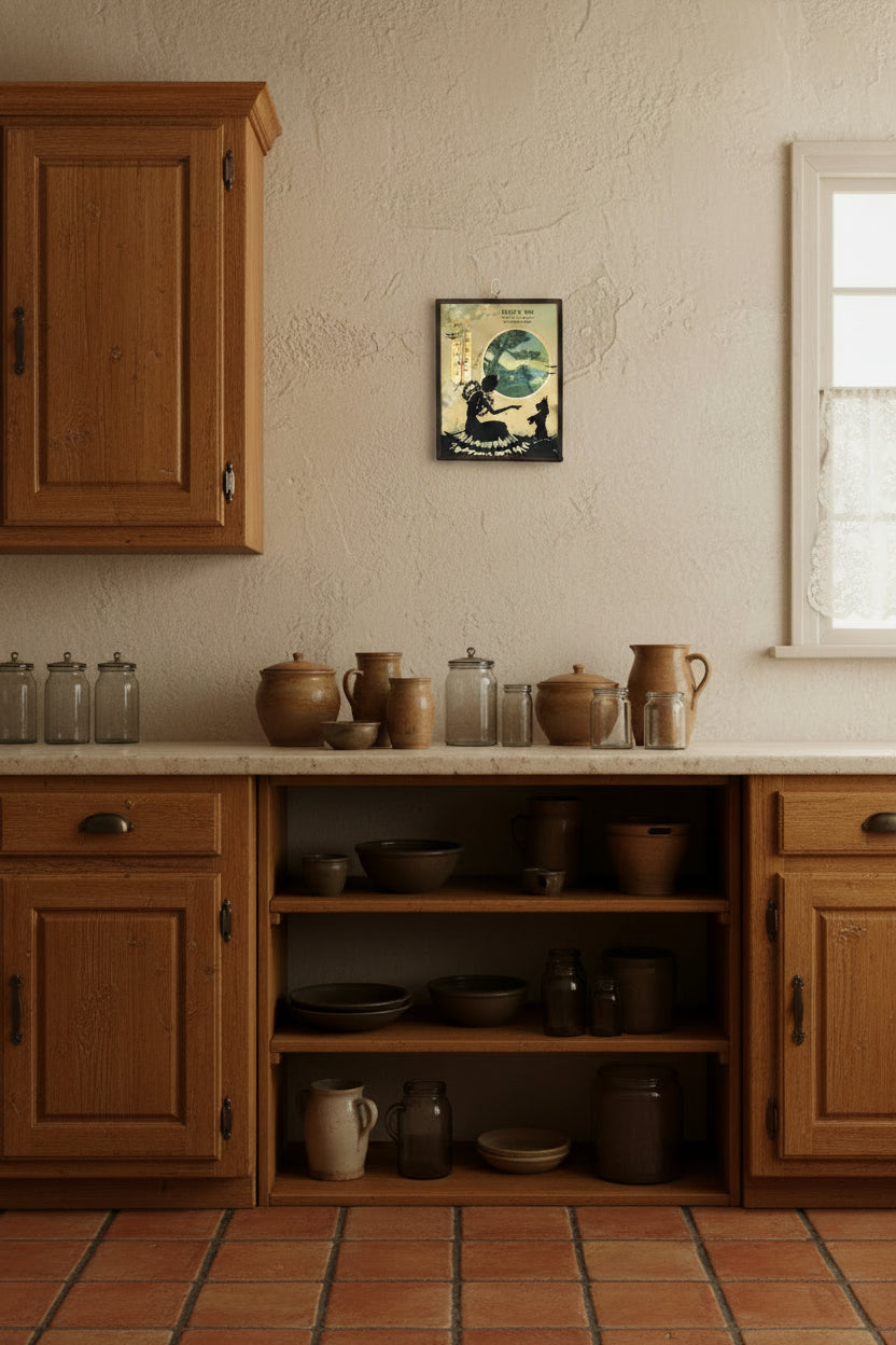 A small vintage framed Advertising Thermometer. Featuring a seated woman, a dog, and a circular landscape scene. Cliff's Inn contact information on the side