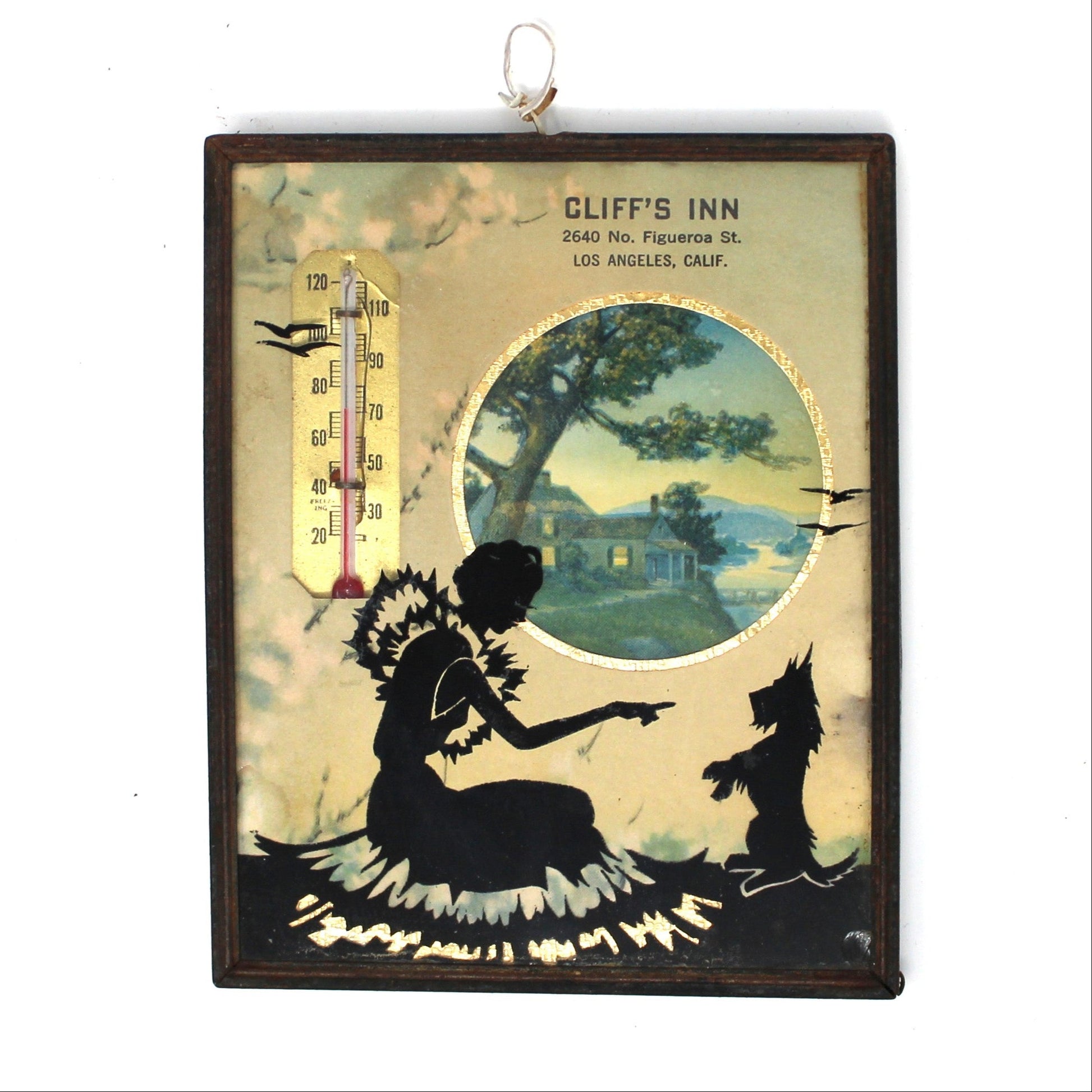Vintage collectible Advertising Thermometer, with a silhouette of a lady and a dog with foil and a litho image of a house.