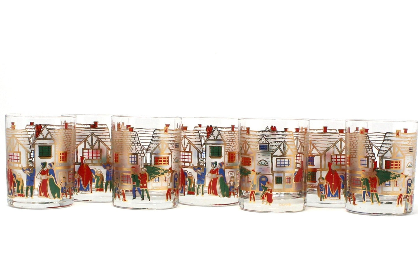 Glasses, Rocks / Whiskey, Culver, Victorian Christmas Cottages Scene, Set of 7, Vintage