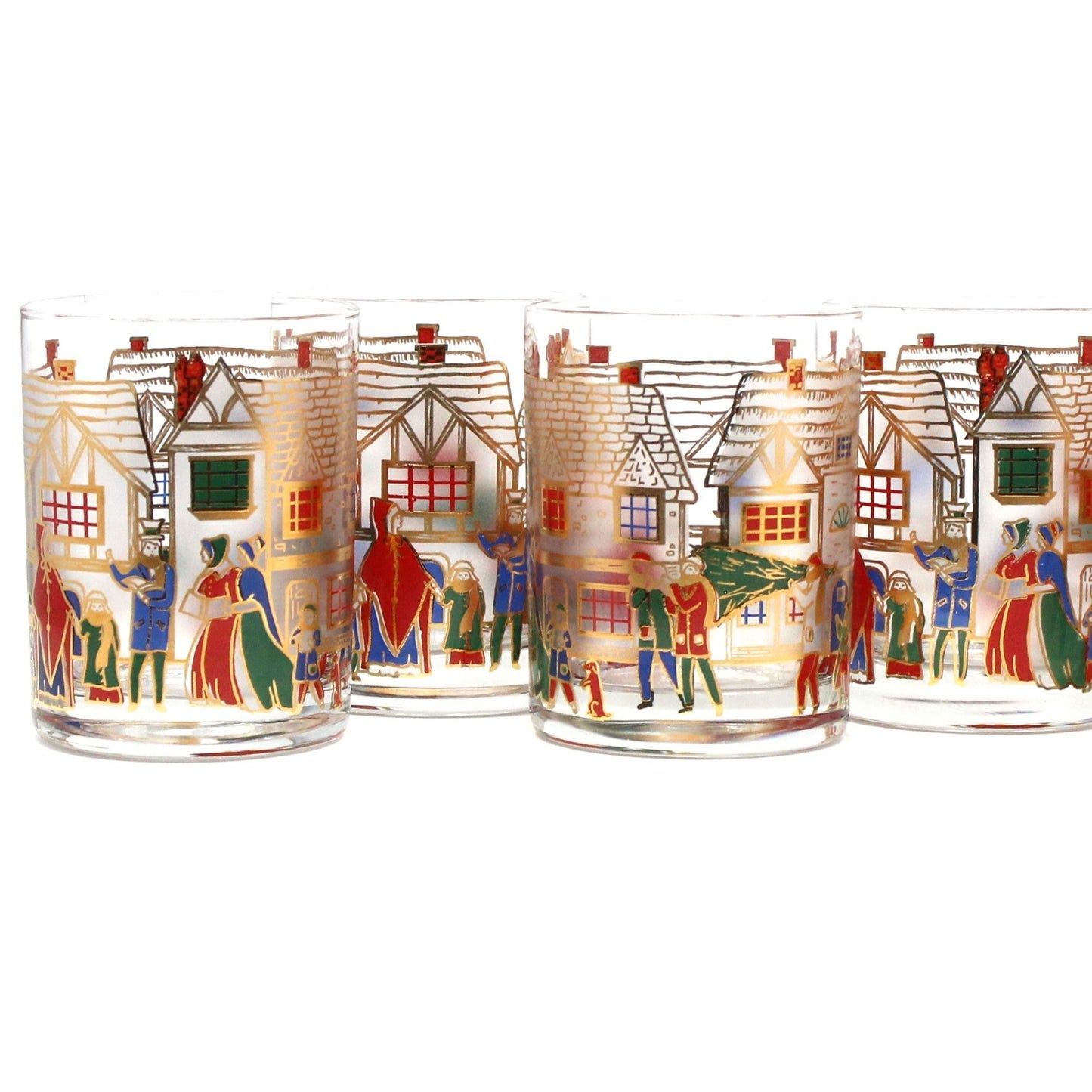 Glasses, Rocks / Whiskey, Culver, Victorian Christmas Cottages Scene, Set of 7, Vintage