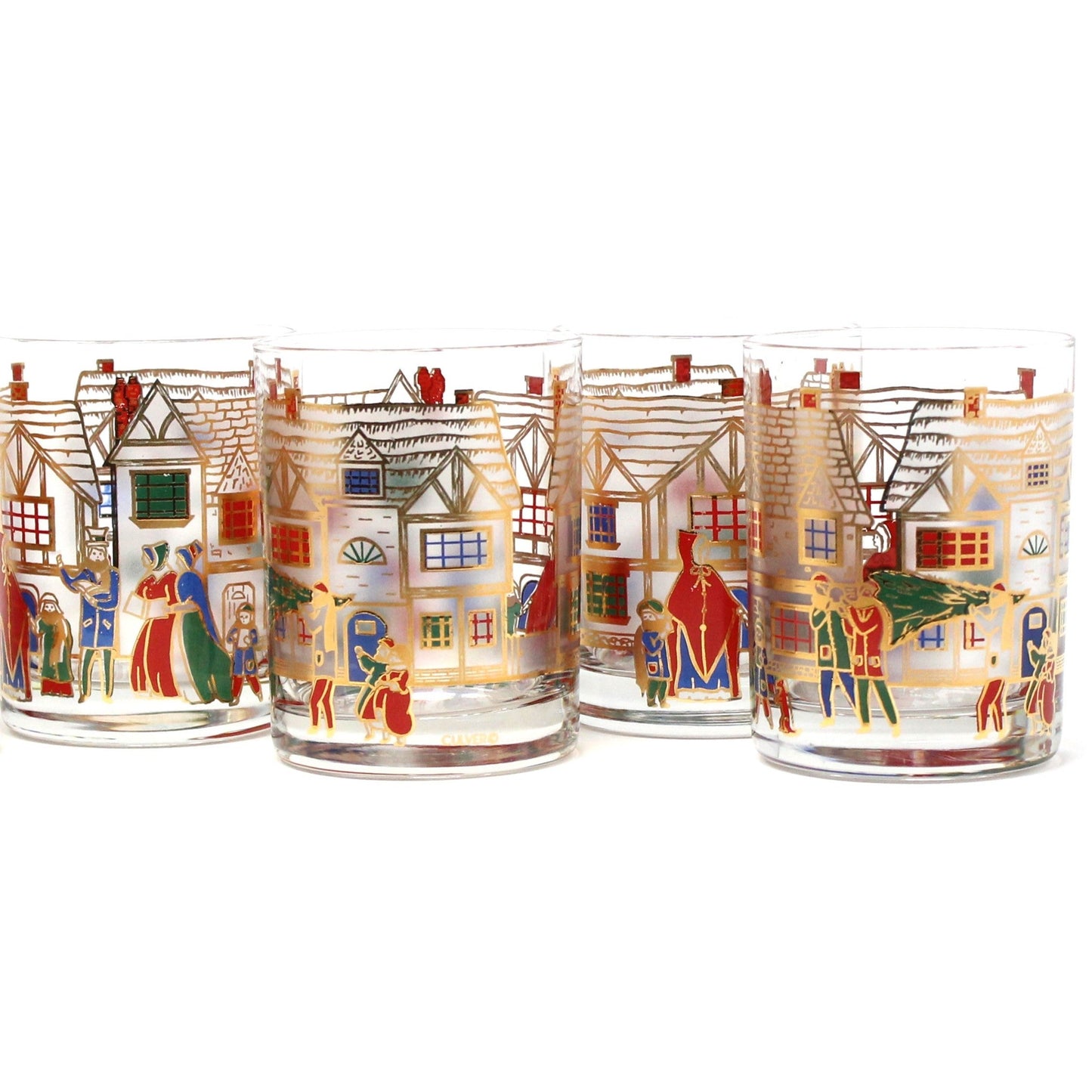 Glasses, Rocks / Whiskey, Culver, Victorian Christmas Cottages Scene, Set of 7, Vintage