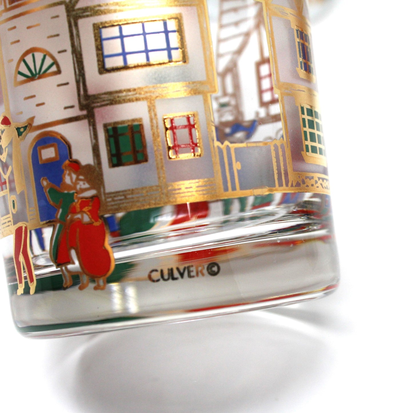 Glasses, Rocks / Whiskey, Culver, Victorian Christmas Cottages Scene, Set of 7, Vintage