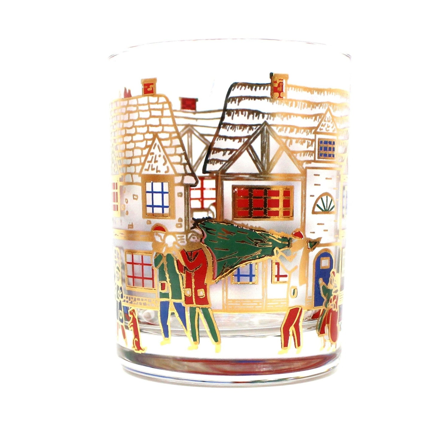 Glasses, Rocks / Whiskey, Culver, Victorian Christmas Cottages Scene, Set of 7, Vintage