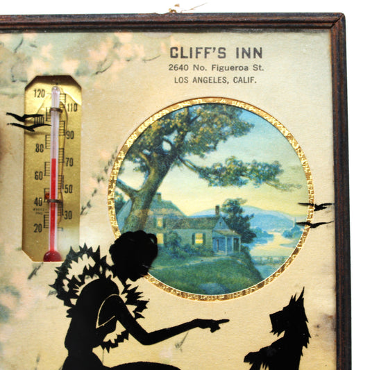 Advertising Thermometer, Reverse Painted Silhouette, Lady with Terrier Dog, Cliff's Inn, LA, CA, Vintage