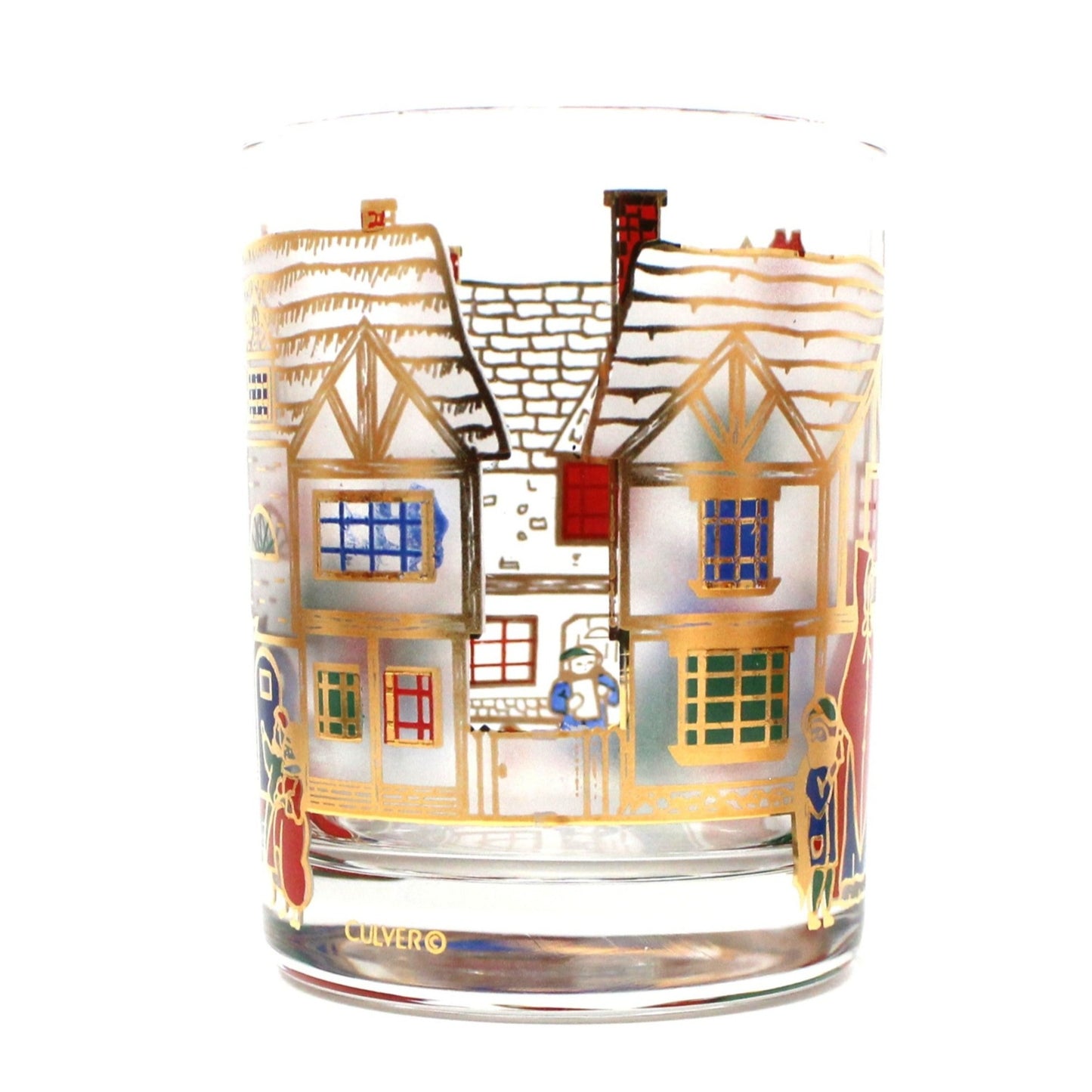 Glasses, Rocks / Whiskey, Culver, Victorian Christmas Cottages Scene, Set of 7, Vintage