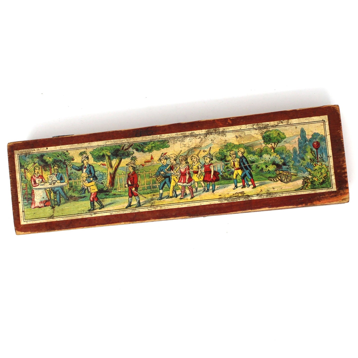 Pencil Case, Wooden Pencil Box, Nursery Rhyme Lithograph, Pied Piper of Hamelin, Antique