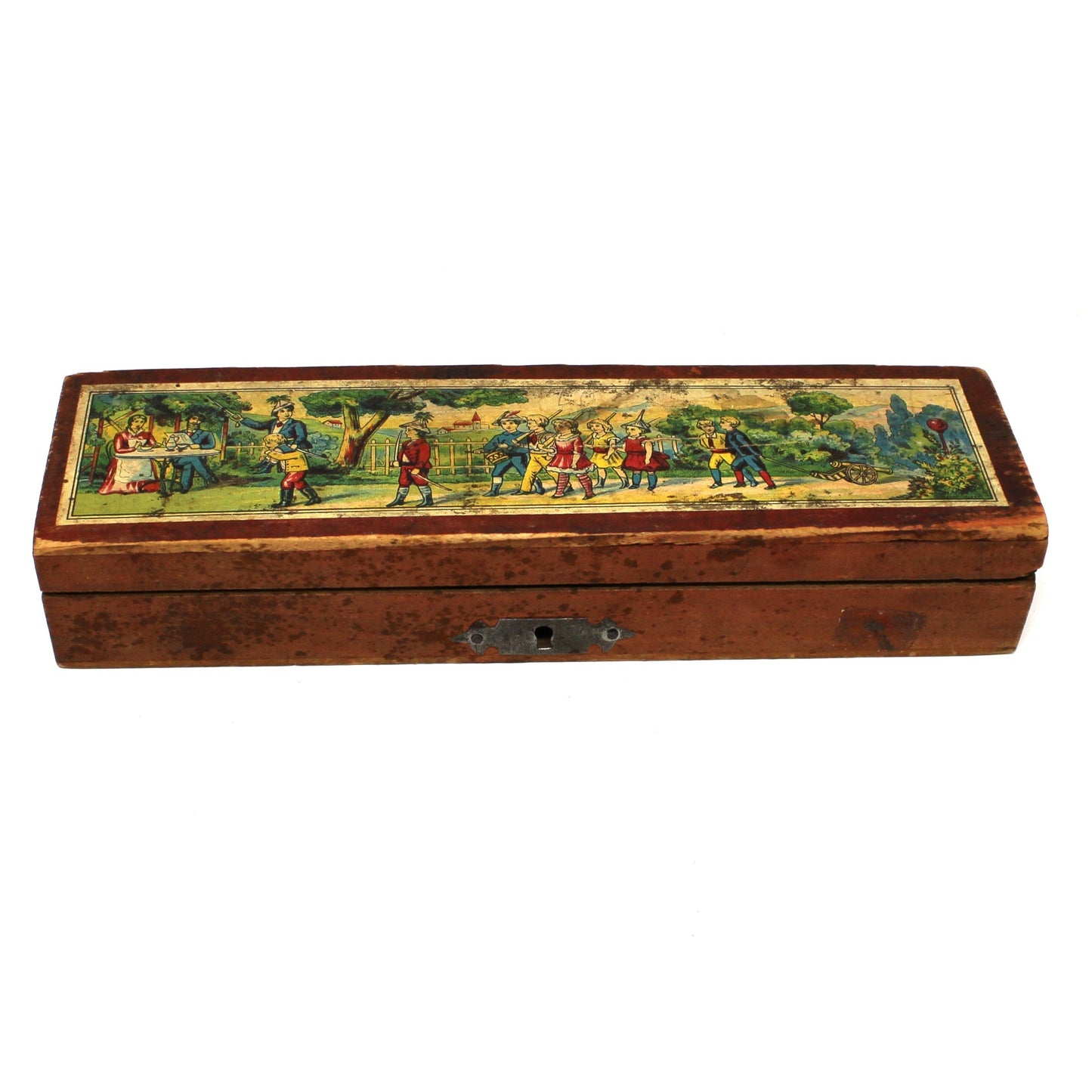 Antique early 1900's School Pencil Case, Nursery Rhyme Lithograph The Pied Piper of Hamelin on lid. RARE, Wood & Hinged Collectible.