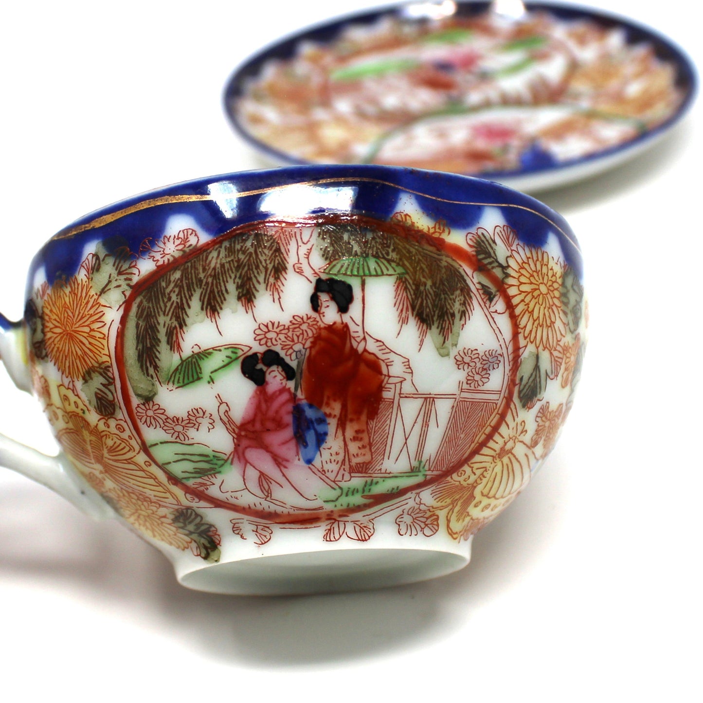 Teacup and Saucer, Geisha Girl, Hand Painted Women in Garden, Cobalt Blue, Japan, Antique