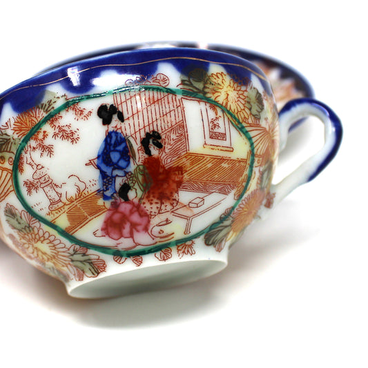 Teacup and Saucer, Geisha Girl, Hand Painted Women in Garden, Cobalt Blue, Japan, Antique