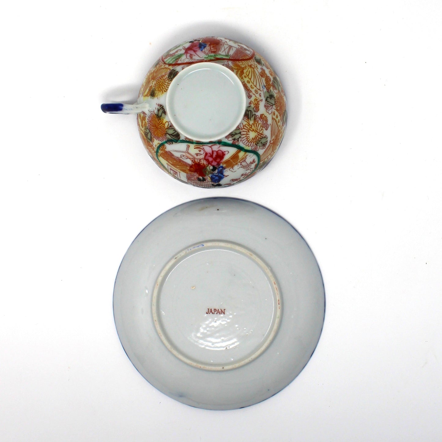 Teacup and Saucer, Geisha Girl, Hand Painted Women in Garden, Cobalt Blue, Japan, Antique