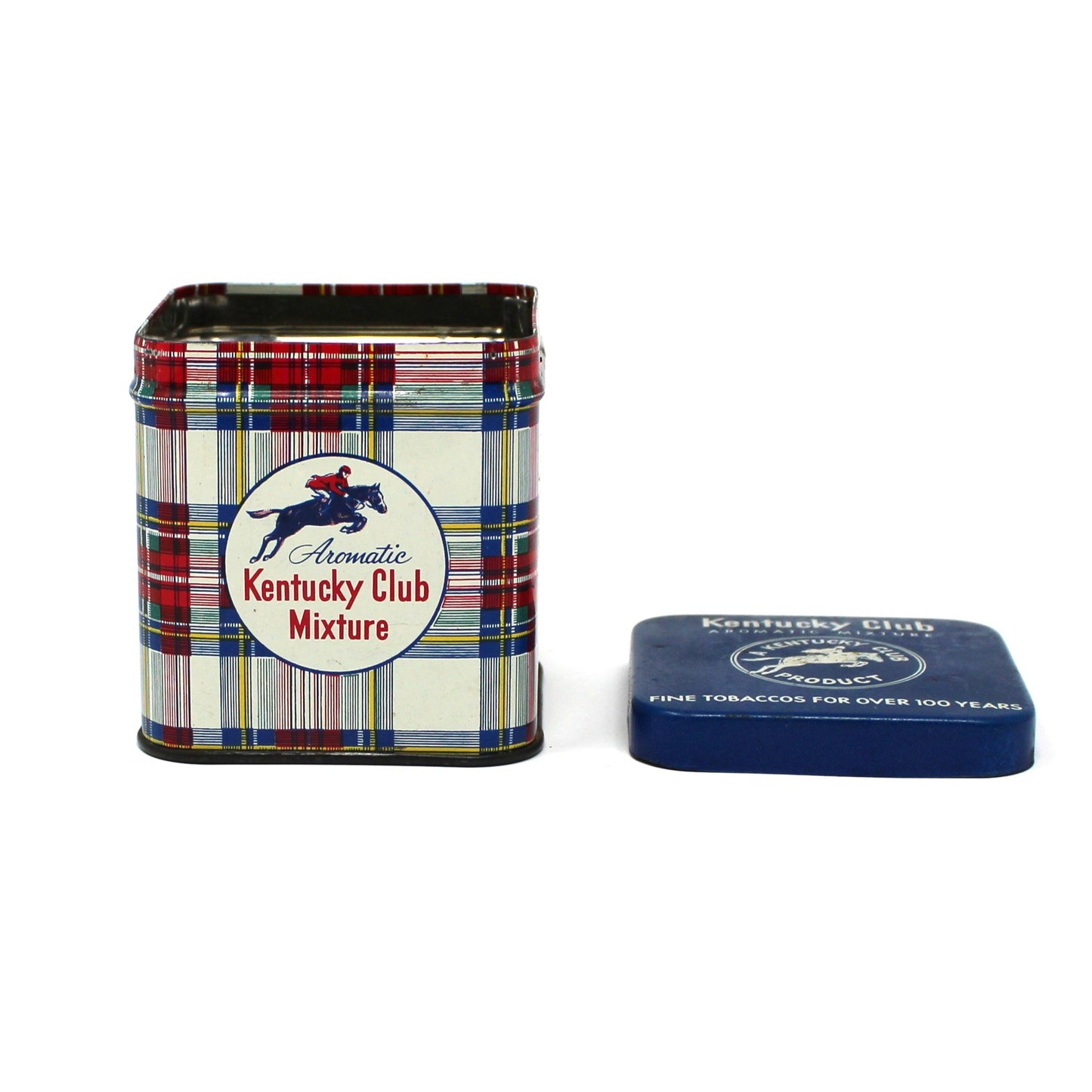 Tins, Kentucky Club, Tobacco Mixture, RARE Tartan Plaid Pattern Blue Lid, Equestrian Horse & Rider, Empty, Vintage
