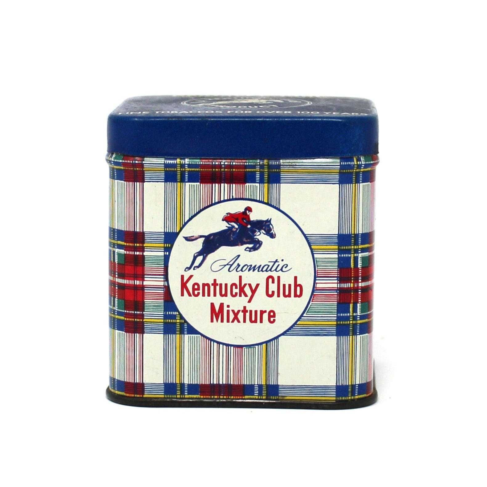 Vintage Tobacco tin with plaid design and Kentucky Club Mixture equestrian horse and rider logo.