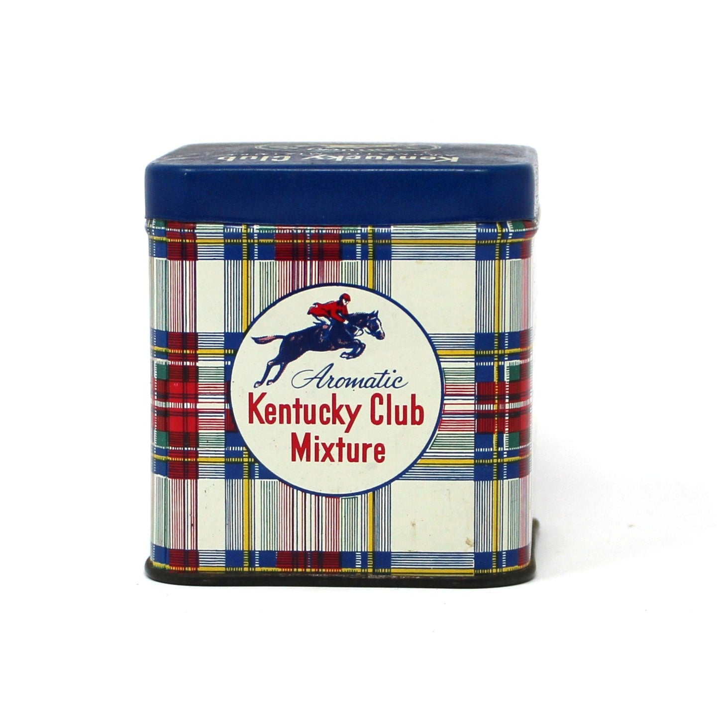 Tins, Kentucky Club, Tobacco Mixture, RARE Tartan Plaid Pattern Blue Lid, Equestrian Horse & Rider, Empty, Vintage