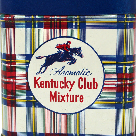 Tobacco tin with plaid design and Kentucky Club Mixture equestrian horse and rider logo.