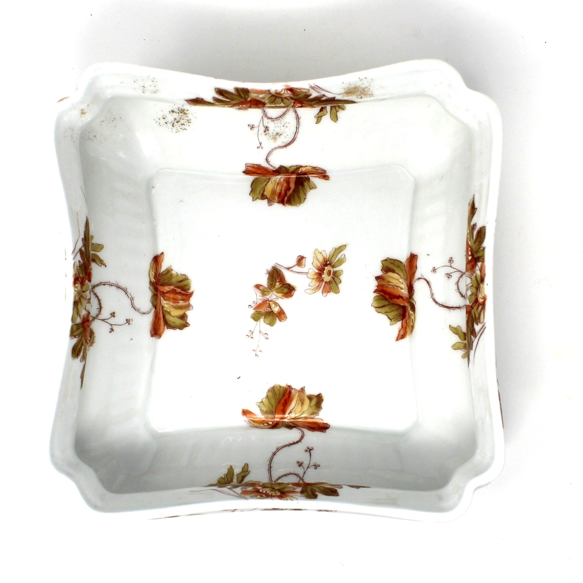 Antique Square Bowl, Hand Painted Rust Florals, Bohemia, Czech Porcelain from Count Thun Factory / Leonard Vienna.  Elegant Fall Decor, RARE, 19th Century find.