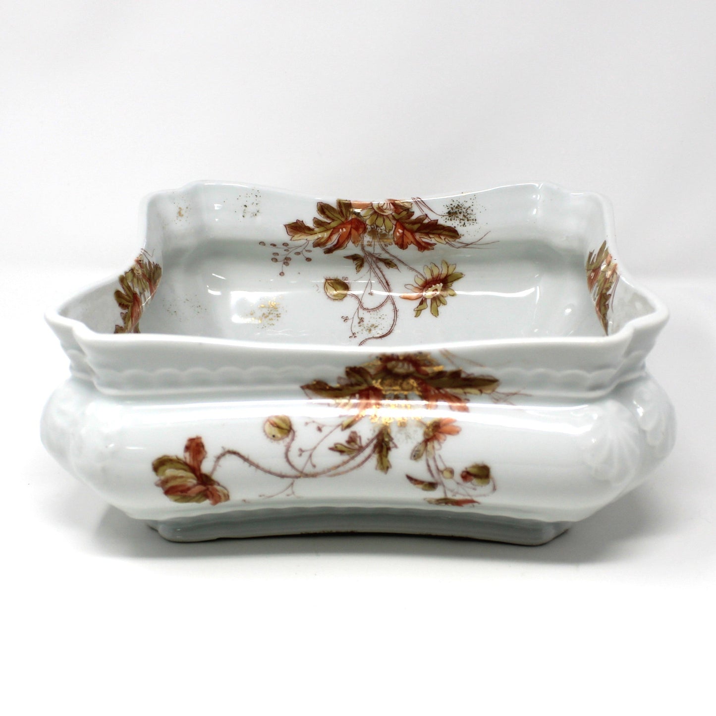 Antique Square Bowl, Hand Painted Rust Florals, Bohemia, Czech Porcelain from Count Thun Factory / Leonard Vienna. Elegant Fall Decor, RARE, 19th Century find.