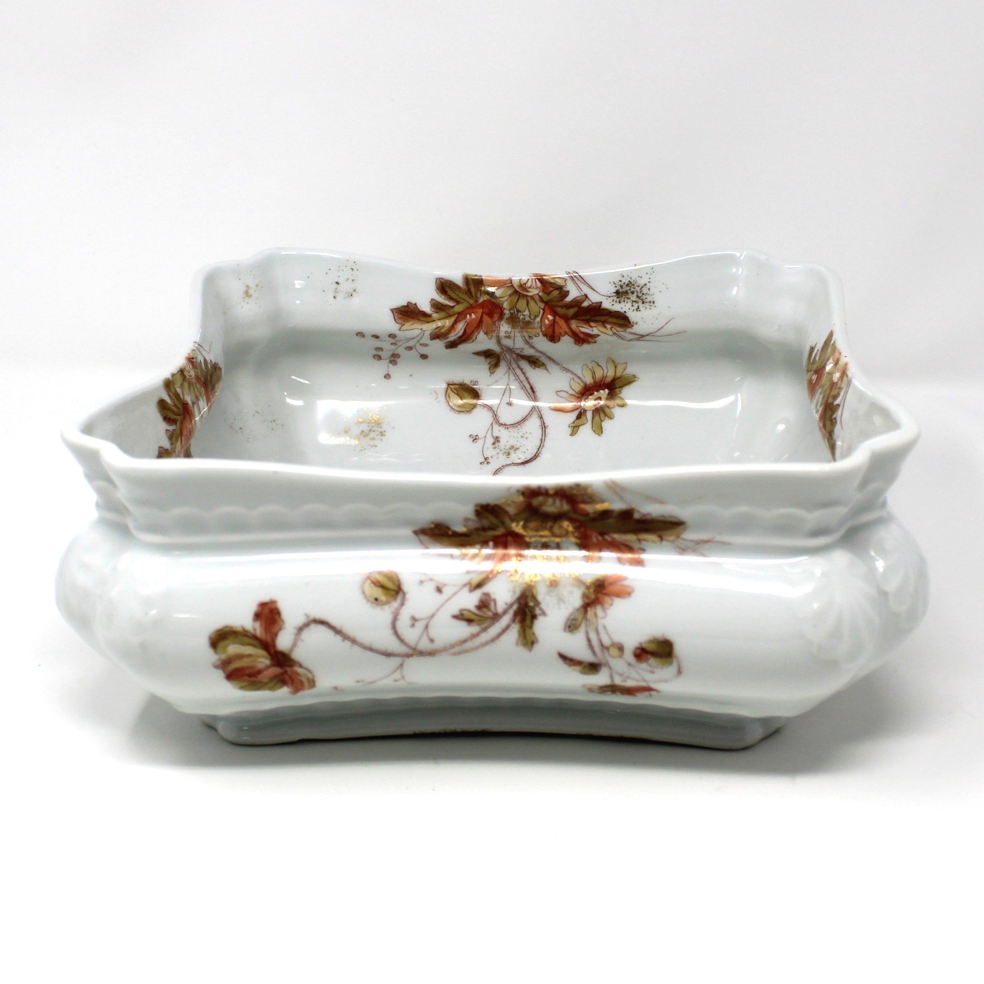 Antique Square Bowl, Hand Painted Rust Florals, Bohemia, Czech Porcelain from Count Thun Factory / Leonard Vienna.  Elegant Fall Decor, RARE, 19th Century find.