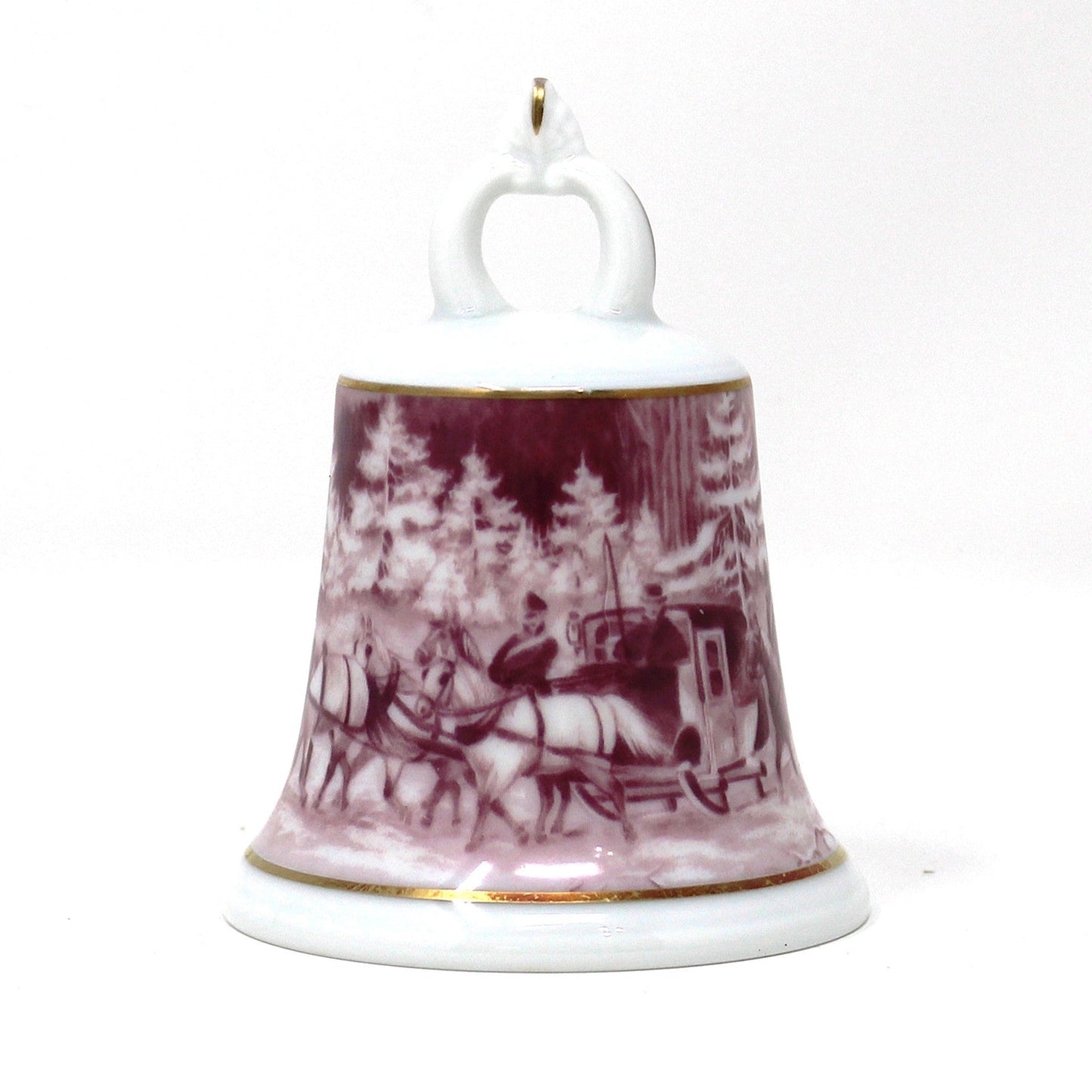 Vintage German Porcelain Bell by AK Kaiser.  Pink / Purple (Fuchsia), with a winter scenic landscape with horse and carriage design.