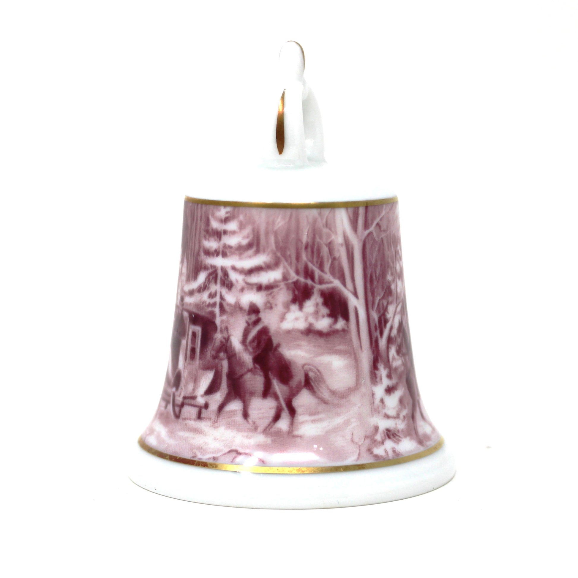 Vintage Porcelain Pink / Purple (Fuchsia), ceramic bell with a winter scenic landscape and soldiers on horseback design from AK Kaiser, German Porcelain.