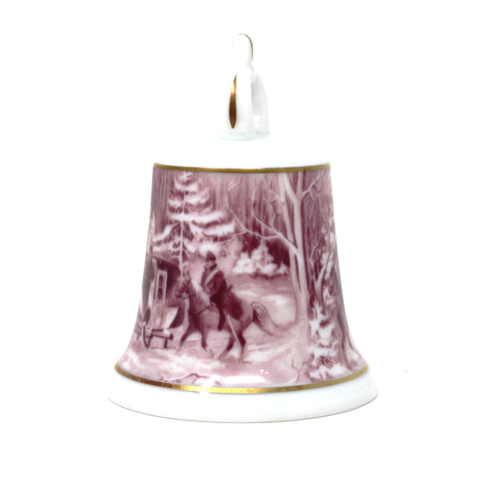 Vintage Porcelain Pink / Purple (Fuchsia), ceramic bell with a winter scenic landscape and soldiers on horseback design from AK Kaiser, German Porcelain.