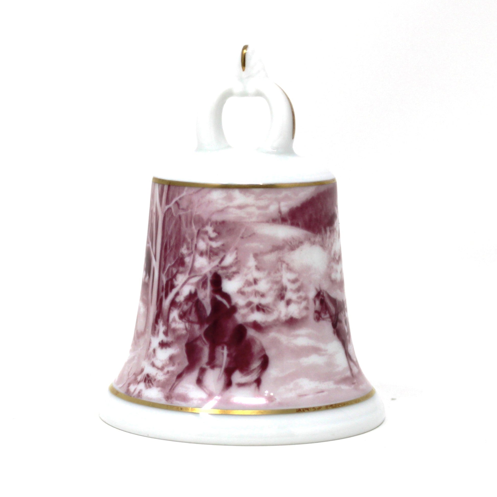 Vintage Porcelain Pink / Purple (Fuchsia), ceramic bell with a winter scenic landscape and soldiers o horseback design from AK Kaiser, German Porcelain.