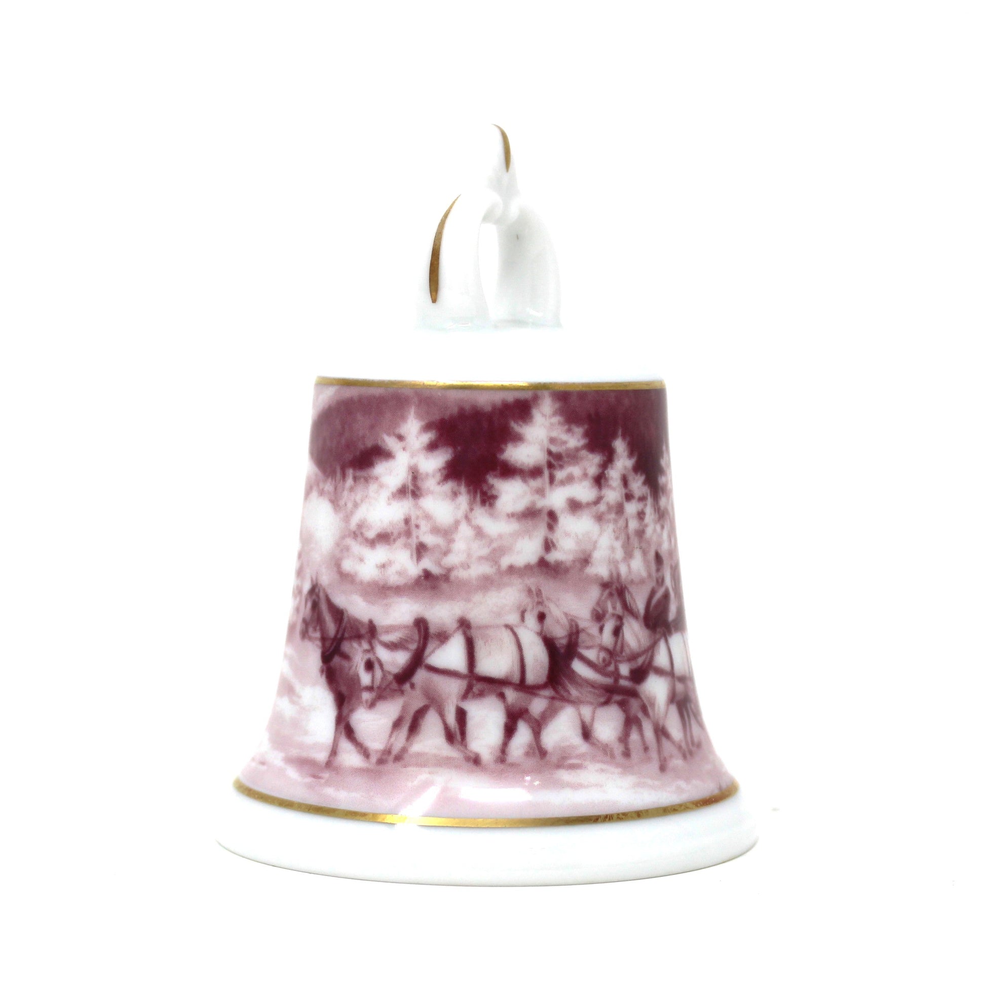 Vintage Porcelain Pink / Purple (Fuchsia), ceramic bell with a winter scenic landscape and a horse team pulling a carriage design, from AK Kaiser, German Porcelain.