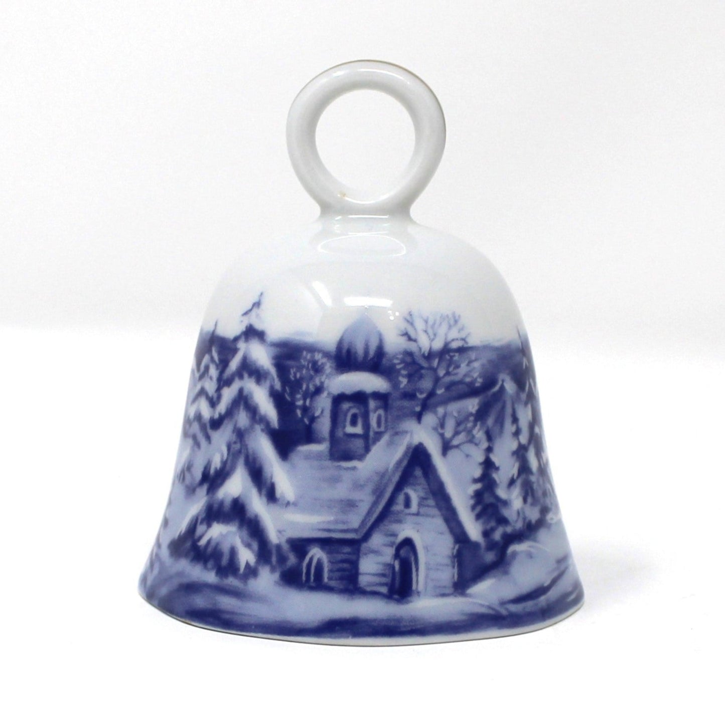 Vintage German porcelain bell by Scherzer.  Blue and white winter scenic landscape design with church  and sleigh.