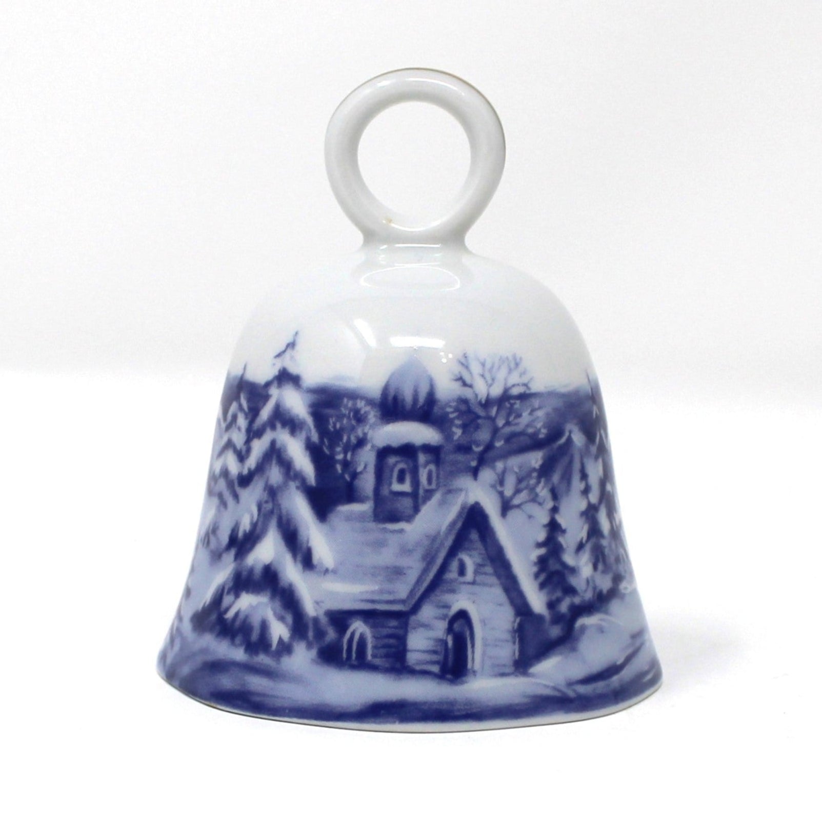 Vintage German porcelain bell by Scherzer.  Blue and white winter scenic landscape design with church  and sleigh.