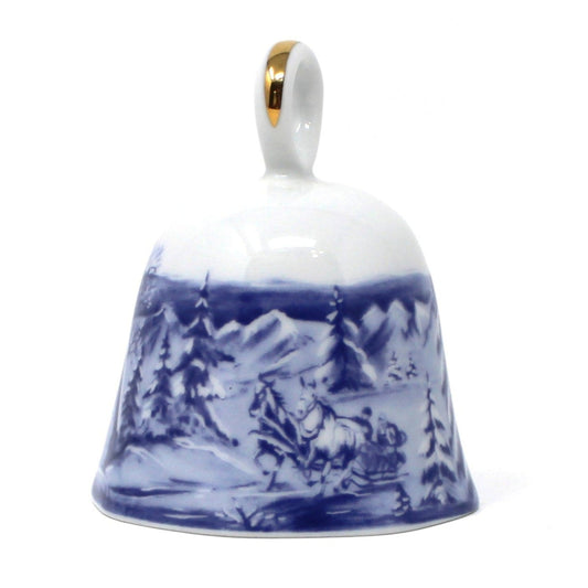 Vintage Porcelain Blue and white ceramic bell with a winter scenic landscape design with sleigh and horses, from Scherzer German Porcelain.