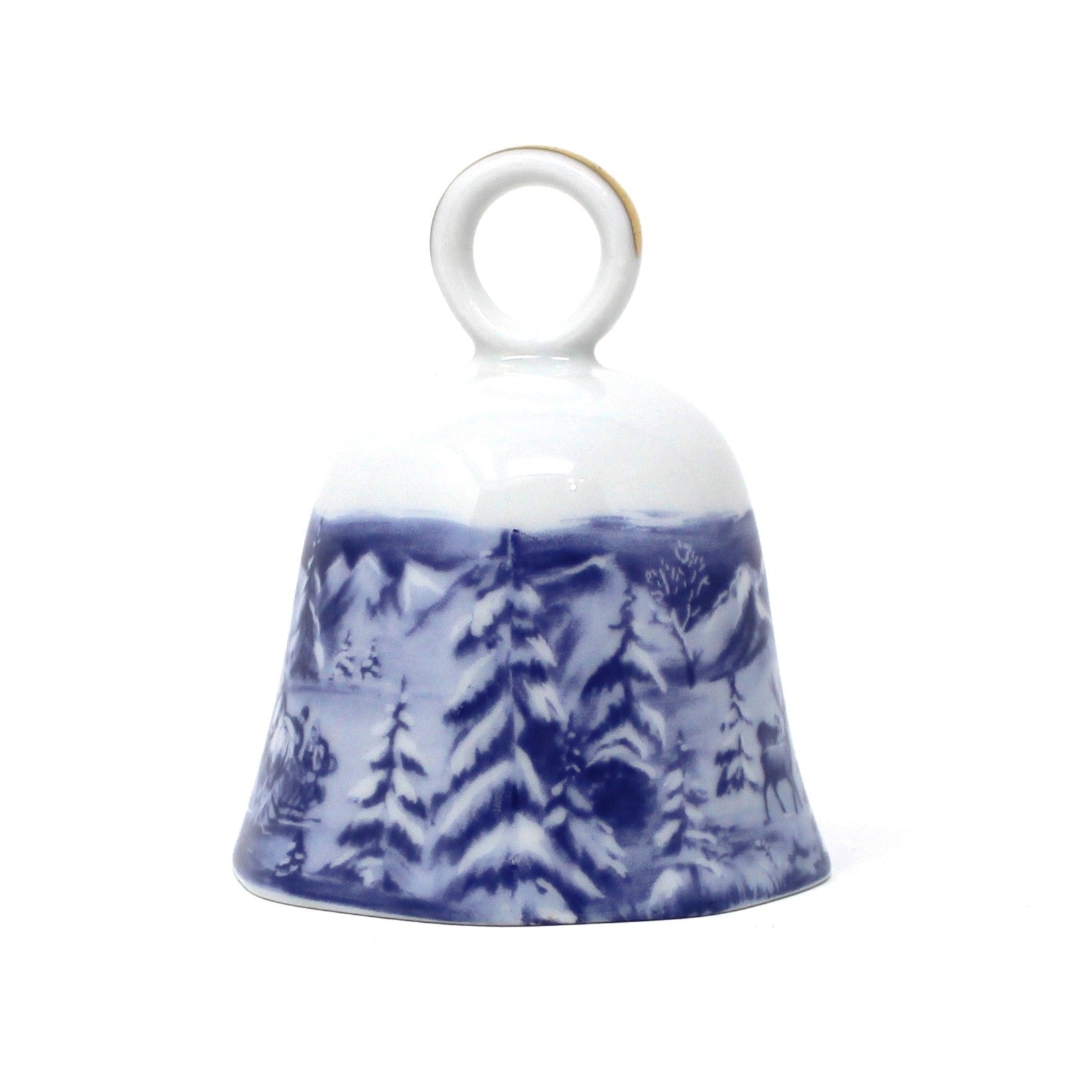 Vintage Porcelain Blue and white ceramic bell with a winter scenic landscape design from Scherzer German Porcelain.