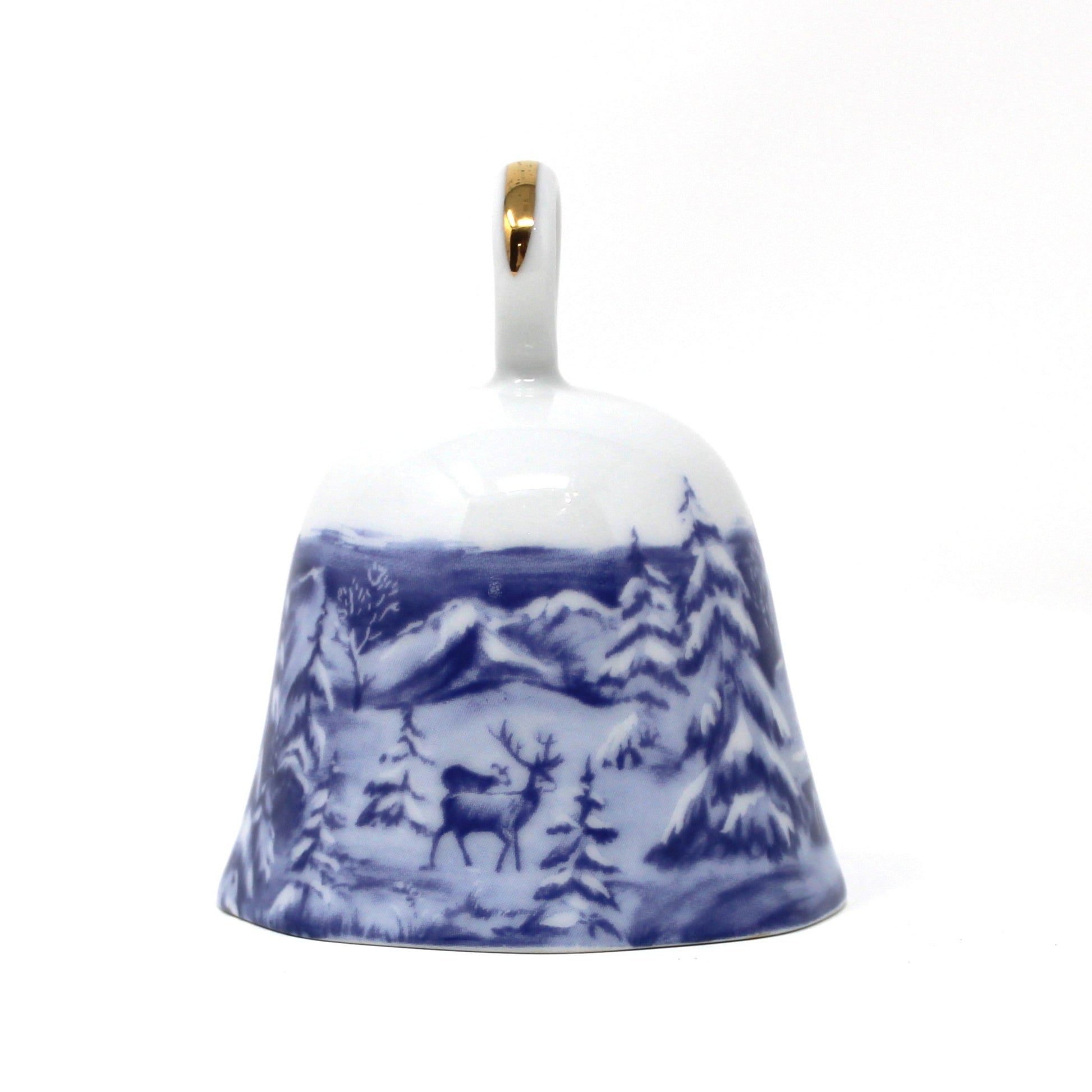 Vintage Porcelain Blue and white ceramic bell with a winter scenic landscape design with deer in pine forest, from Scherzer German Porcelain.