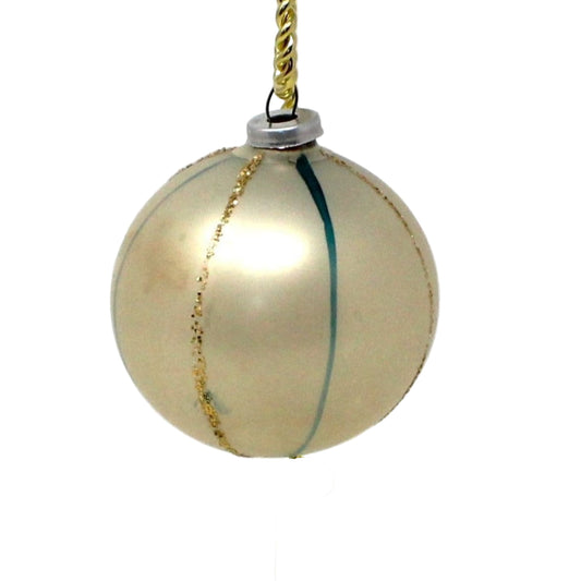 Ornaments, Glass Ball, Pearl White, Blue & Gold Glitter Stripes, Hand Painted, 2.5", Vintage Christmas