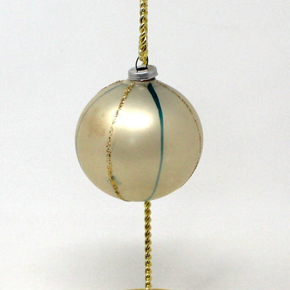 Ornament, Christmas Glass Ball, Hand Painted, White w/ Blue and Gold Glitter Stripes, 2.5", Vintage