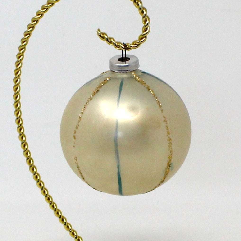 Ornament, Christmas Glass Ball, Hand Painted, White w/ Blue and Gold Glitter Stripes, 2.5", Vintage