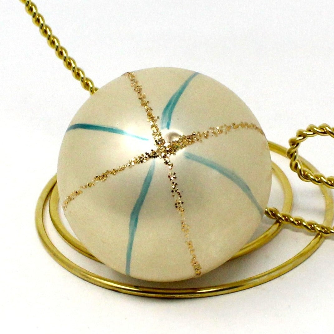 Ornament, Christmas Glass Ball, Hand Painted, White w/ Blue and Gold Glitter Stripes, 2.5", Vintage