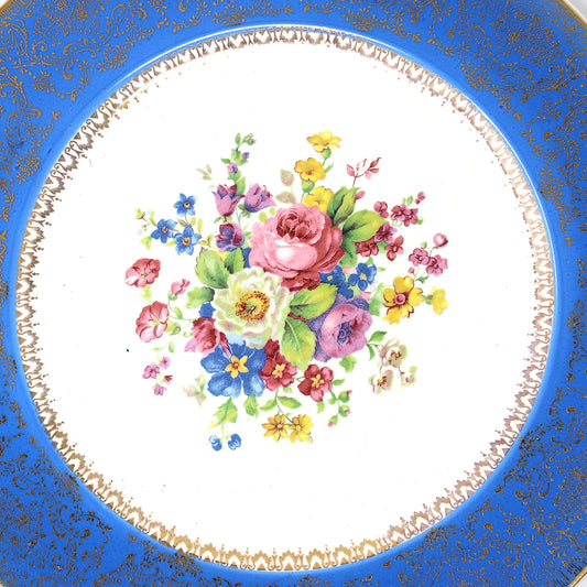 Chargers / Service Plate, Salem China Co, Century Blue Band Floral, Gold Filigree, USA Decorative Wall Plate, Vintage