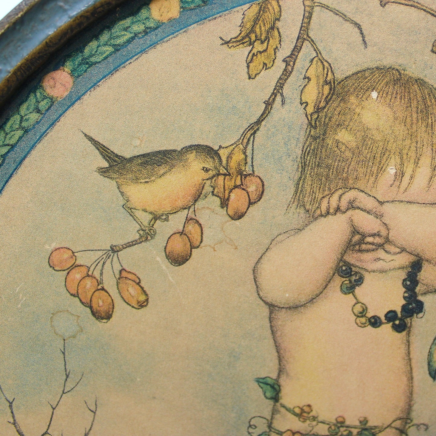 Print, Framed, SB Pearse, Autumn Nursery Print, Child with Swan, Original Gesso Frame, Antique