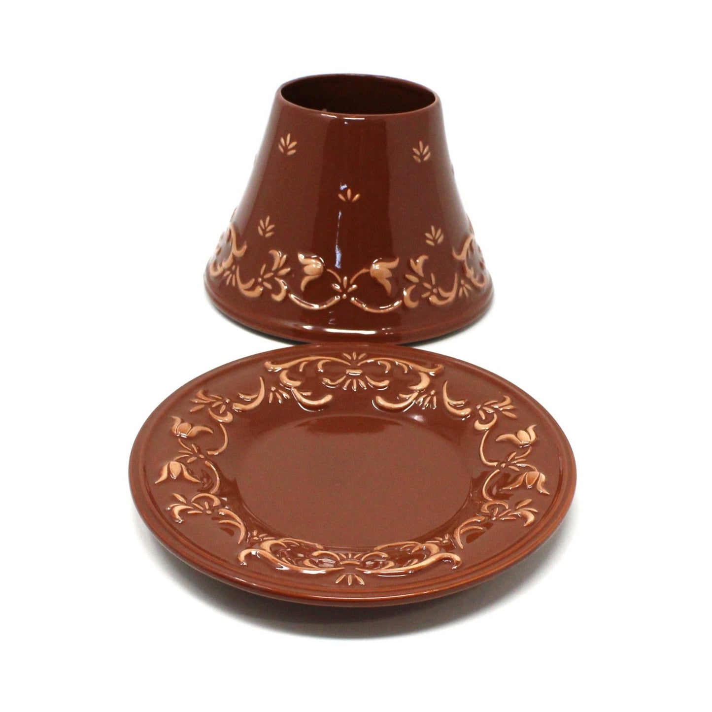 Candle Lamp / Shade Jar Topper with Underplate, Yankee Candle, Brown with Tan Tulips, Ceramic, Vintage