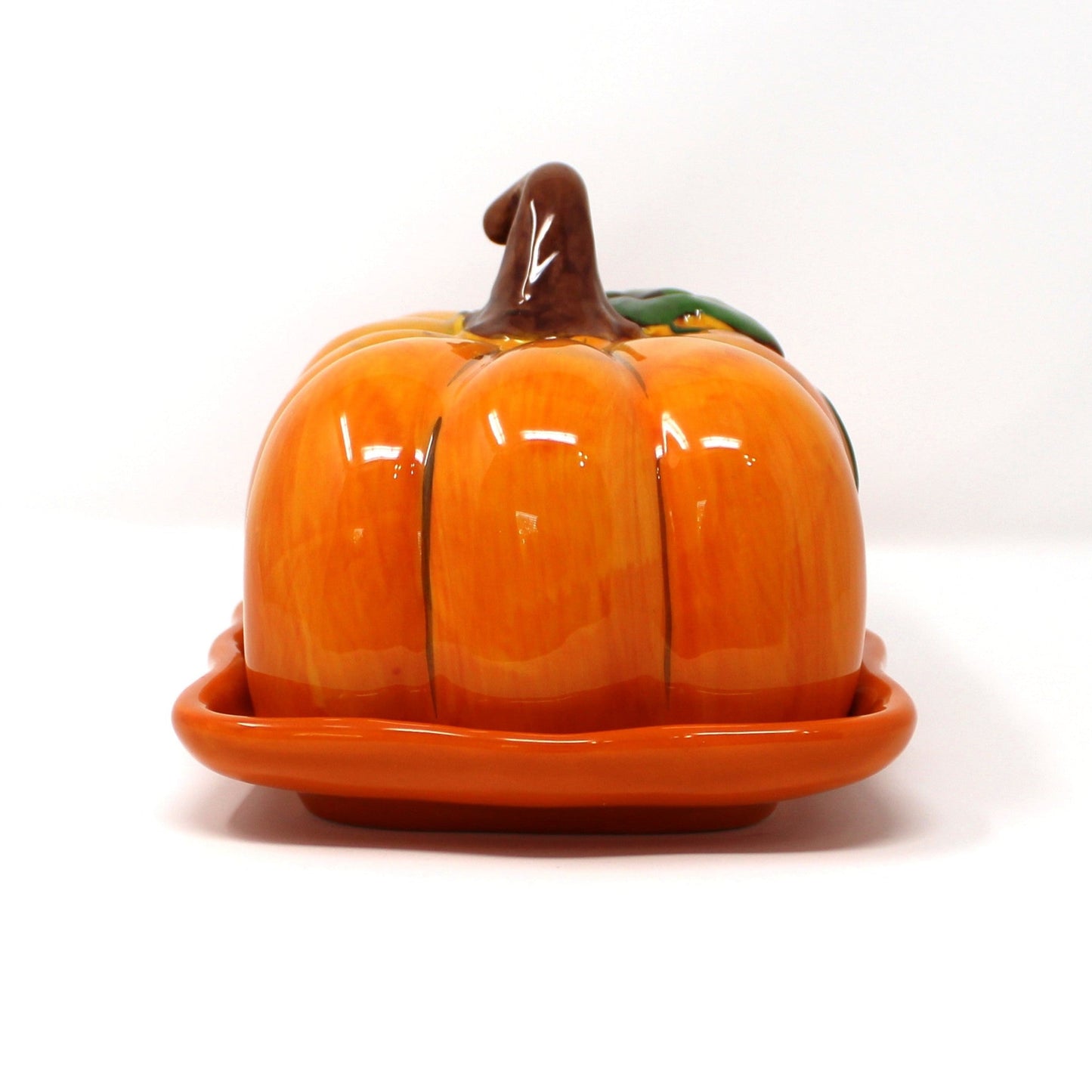 Butter Dish, Blue Sky, Pumpkin Shaped with Stem, Orange Ceramic, 2017