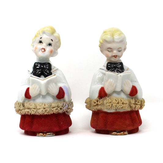 Figurine, Christmas Choir Boys, Flocked Robes, Dresden Lace, Hand Painted, Japan Porcelain, Set of 2, Vintage
