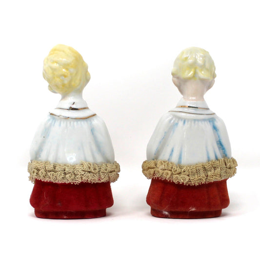Figurine, Christmas Choir Boys, Flocked Robes, Dresden Lace, Hand Painted, Japan Porcelain, Set of 2, Vintage