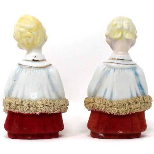 Figurines: Christmas Choir Boys, Red Flocked Robes, Dresden Lace, Gold Shoes, Hand Painted Porcelain, Japan, Vintage 1940s–1950s, Set of 2